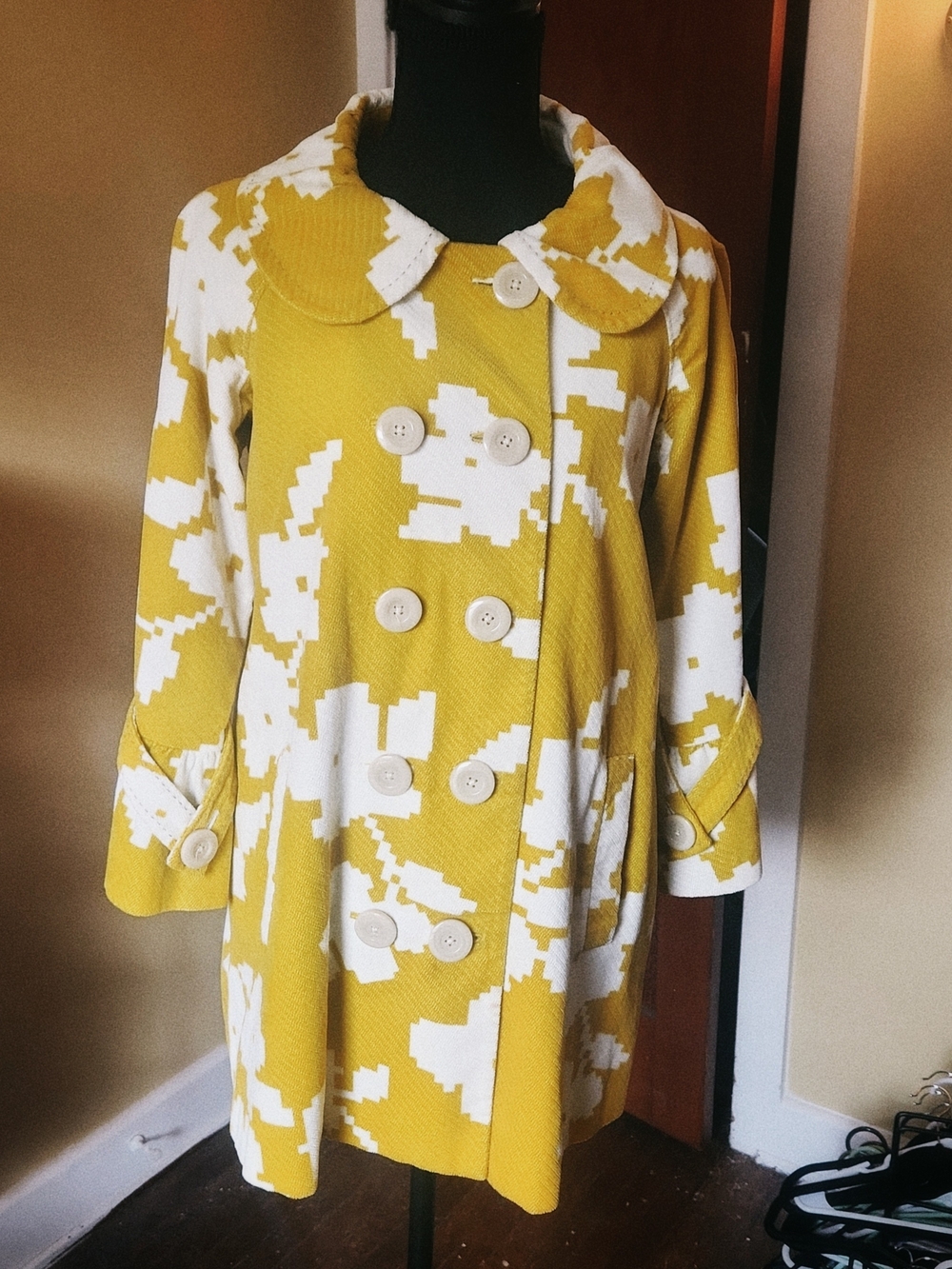 elevenses Yellow and White Printed Double-Breasted Pea Coat